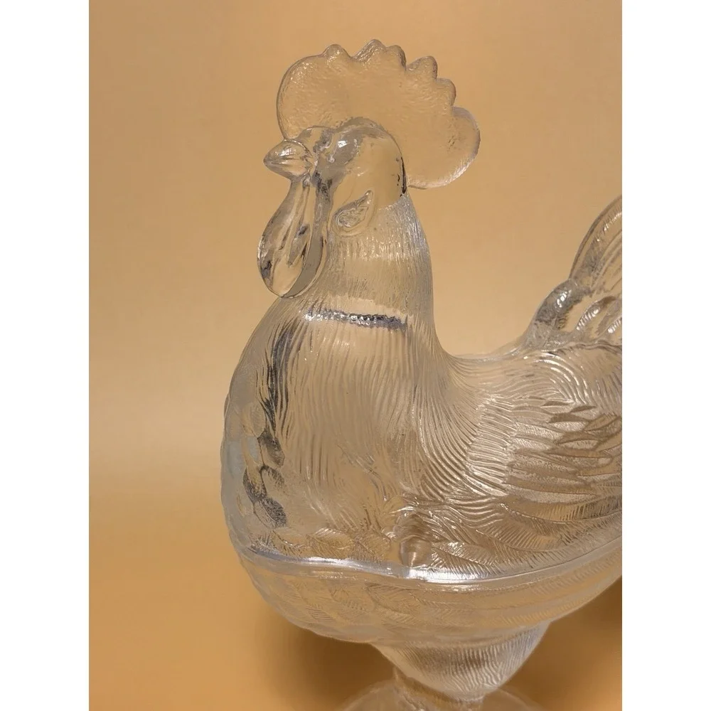 VTG LE Smith Clear Glass Standing Rooster Pedestal Covered Candy Dish Compote SG